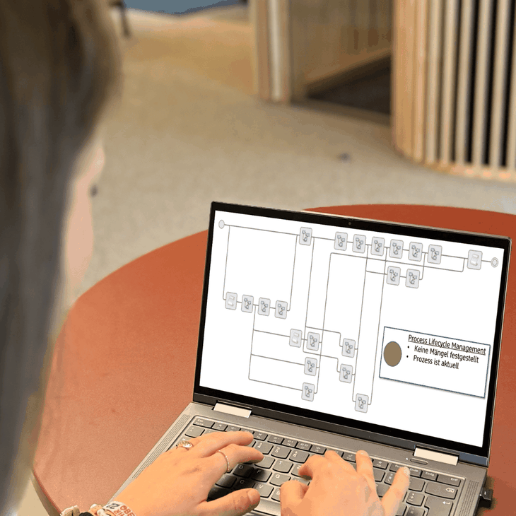 Eine IT-Mitarbeiterin analysiert an einem Laptop ein Diagramm, das das Konzept des Process  Lifecycle Management veranschaulicht.