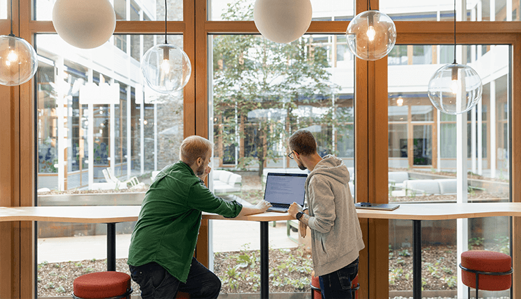Zwei Personen arbeiten gemeinsam an einem Laptop an einer hohen Theke in einem hellen, modernen Raum mit großen Fenstern und hängenden runden Lampen.